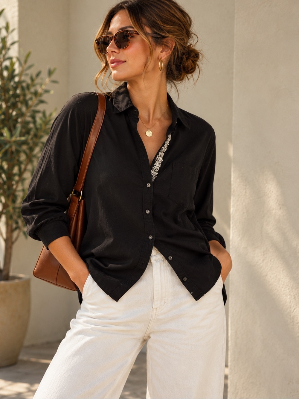J.Crew Black Cotton Button Down Shirt Sequin Embellished Collar Size M